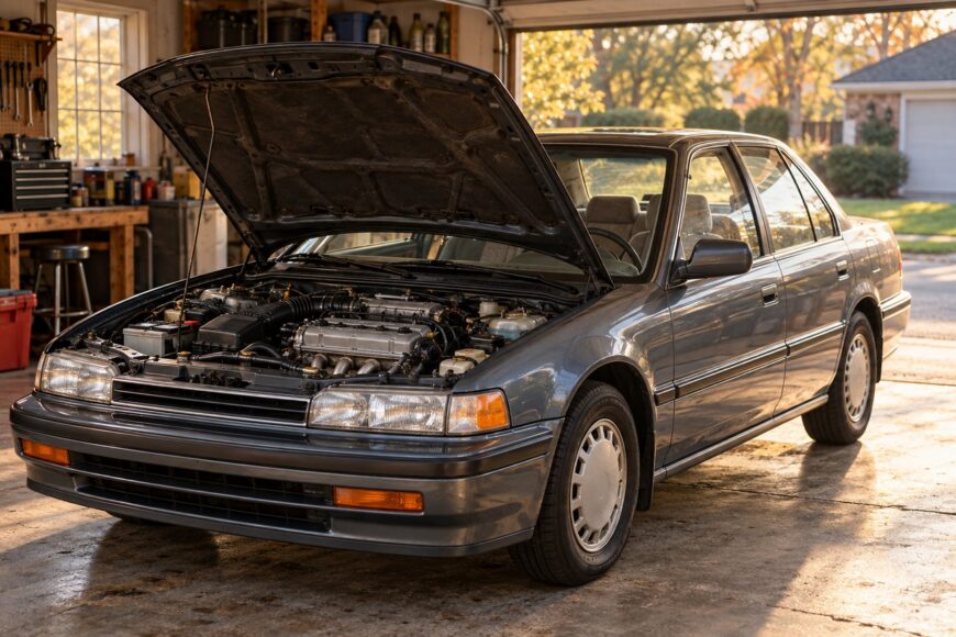 A gray vintage Honda Accord sedan parked in a home garage with its hood open revealing the engine