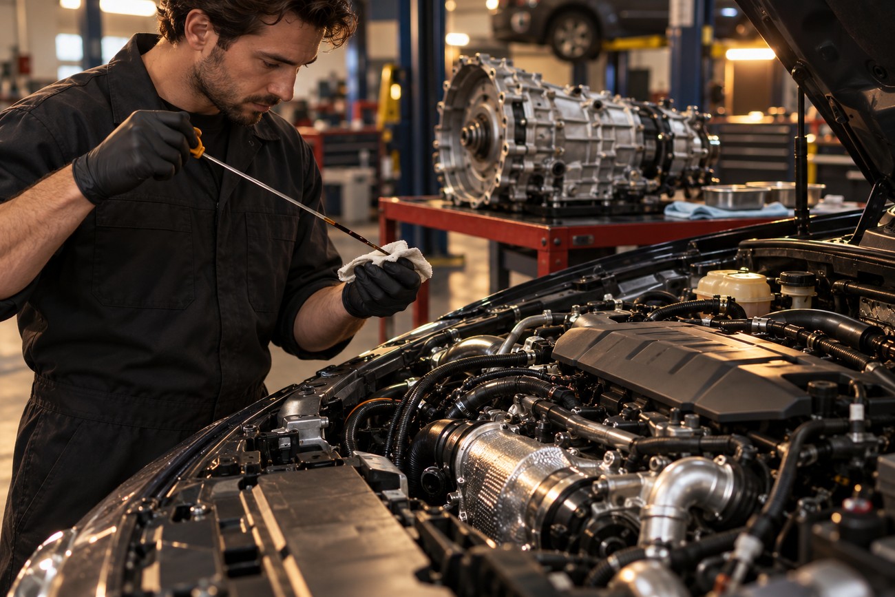 A mechanic wearing black gloves checks the engine oil dipstick of a Honda Accord in a repair shop