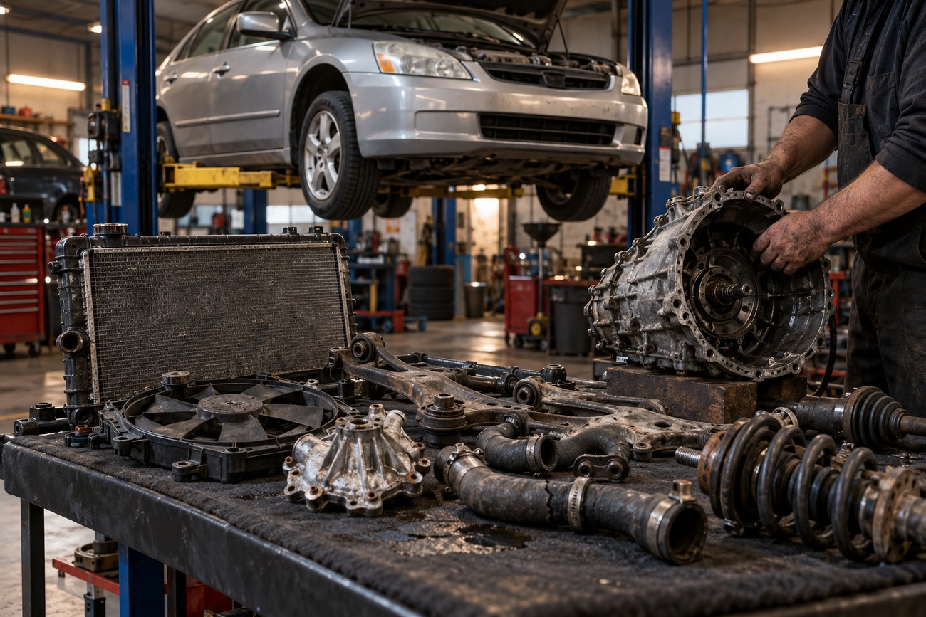 A mechanic working on disassembled Honda Accord engine parts and components on a workbench in a service shop