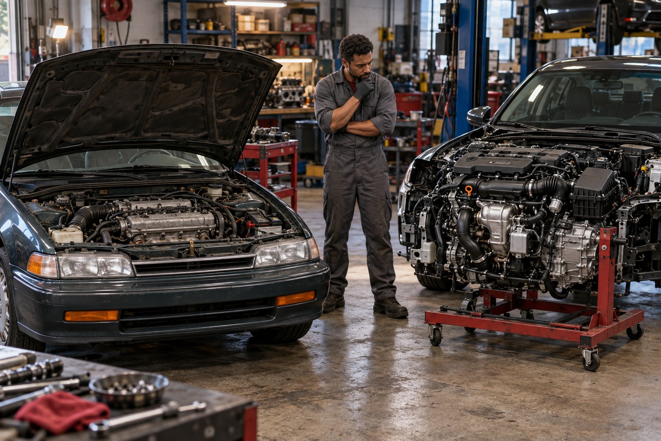 A mechanic in a grey jumpsuit stands thoughtfully between two Honda Accord vehicles with open hoods inside a repair shop