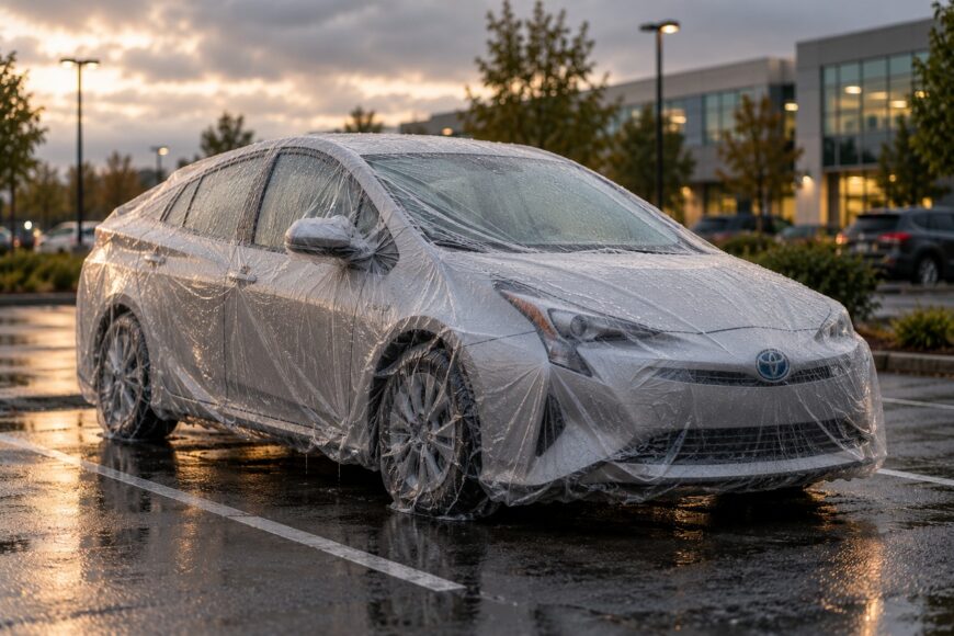 A silver Toyota Prius covered entirely in clear plastic wrap parked in a wet office parking lot
