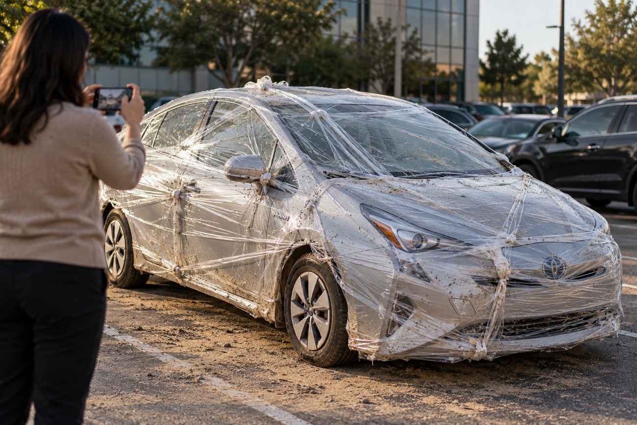 A woman taking a photo of her silver Toyota Prius tightly wrapped in plastic film in a parking lot