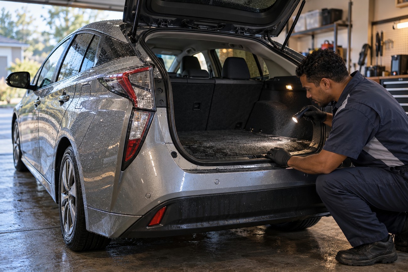 A man in work clothes uses a flashlight to inspect the plastic wrap inside the trunk of a Toyota Prius