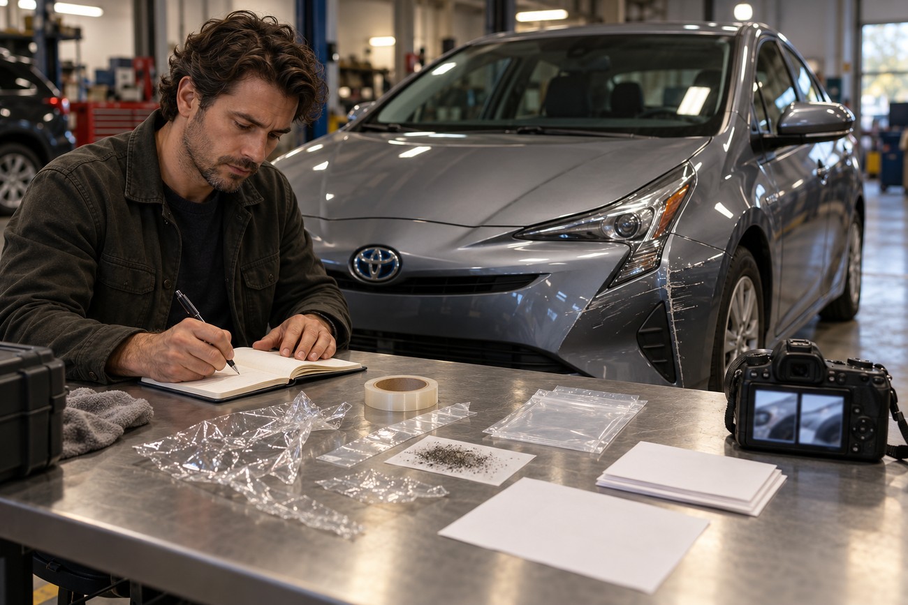 A man in a dark jacket writes in a notebook at a workbench featuring plastic wrap and a camera, with a silver Toyota Prius parked behind him in a garage