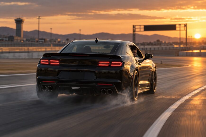 A black Chevy Camaro driving backward on a track at sunset with smoke rising from its tires while the driver looks out the window