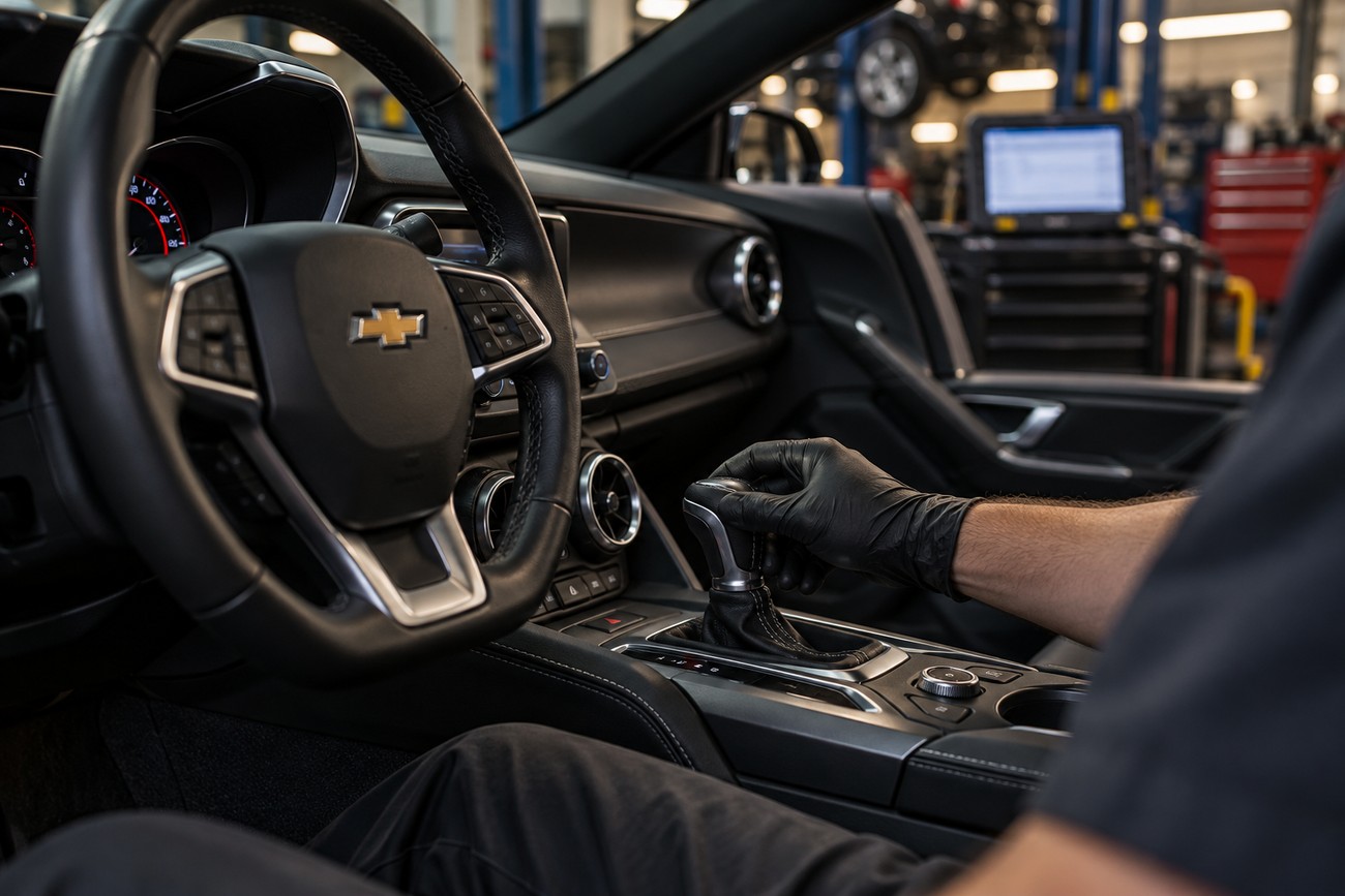 Mechanic wearing black gloves shifting gears inside a modern Chevrolet Camaro interior at a workshop