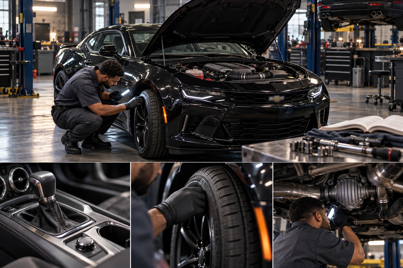 A mechanic in an auto repair shop inspecting a black Chevy Camaro, checking the tires, gear shifter, and undercarriage