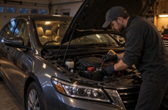 A mechanic wearing gloves uses a multimeter to check the car battery under the open hood in a garage