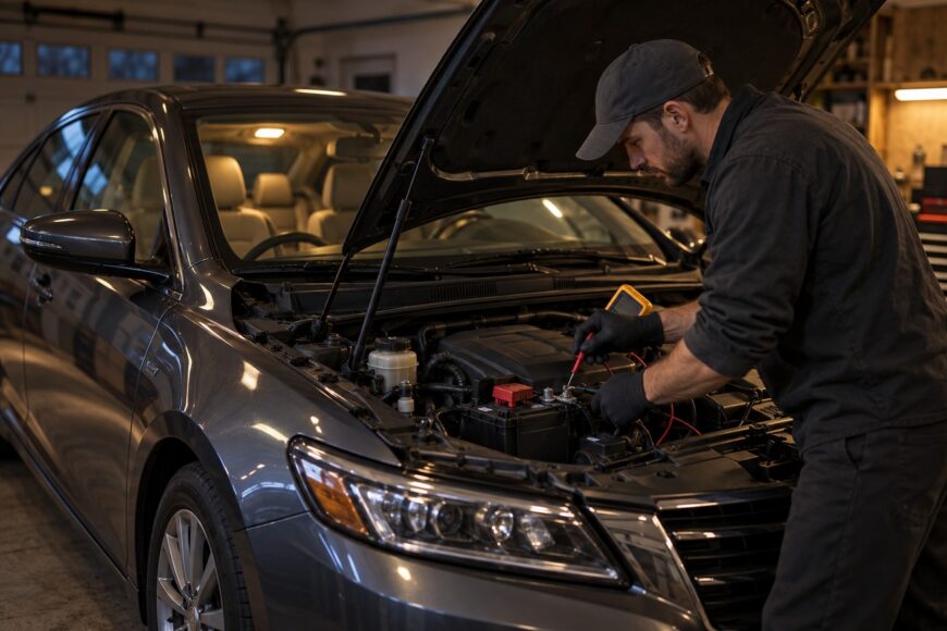 A mechanic wearing gloves uses a multimeter to check the car battery under the open hood in a garage