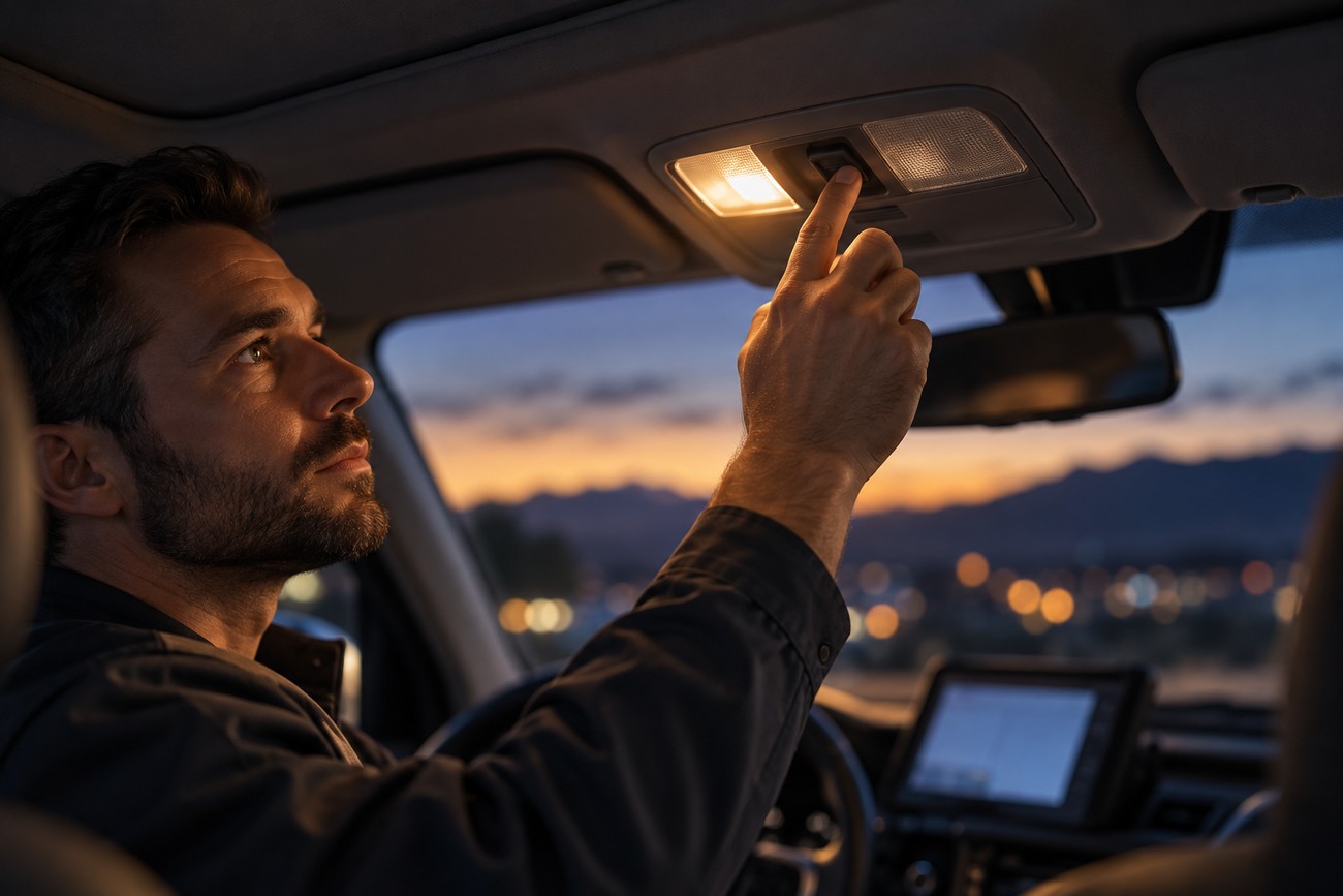 A man sitting in the driver seat of a car and pressing the button on the ceiling to turn off the interior light