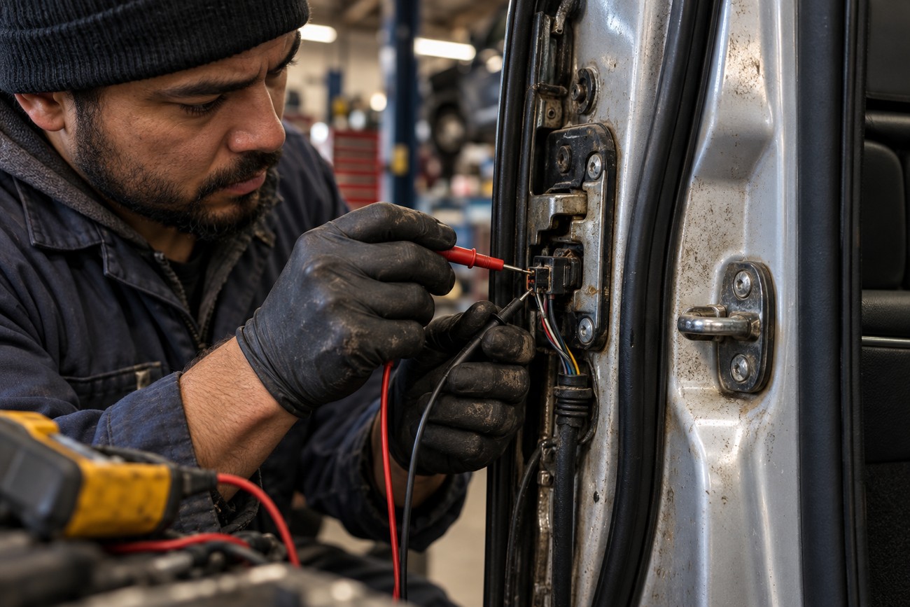 A mechanic in gloves uses a multimeter to test the wiring of a car door switch