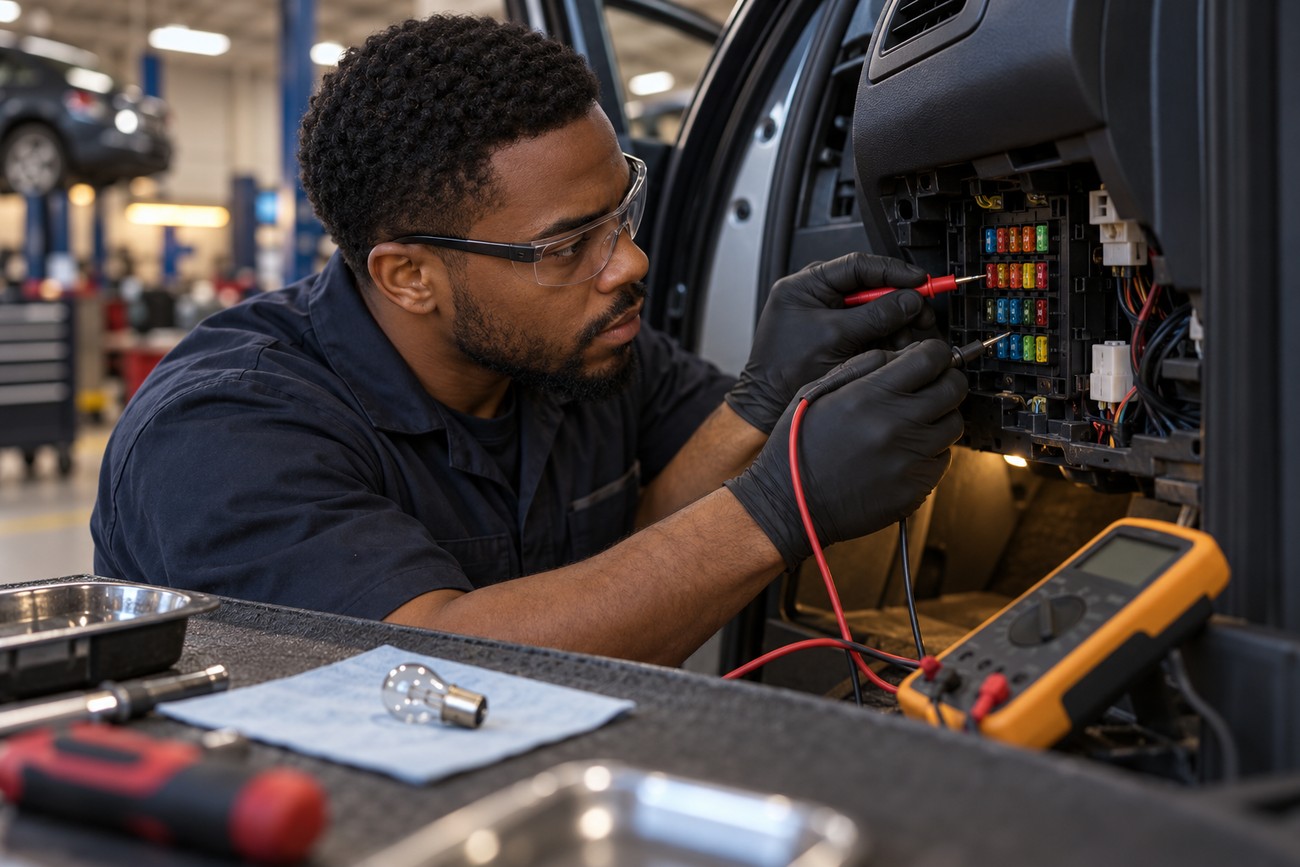 A mechanic wearing safety glasses and black gloves uses a multimeter to test fuses in a car dashboard fuse box inside an auto repair shop