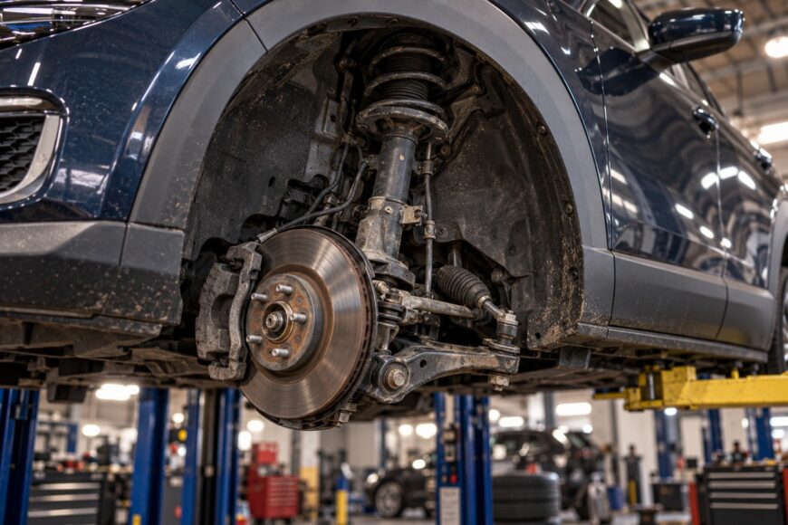 Close-up of the front suspension and brake assembly of a Mazda CX-30 raised on a lift in a mechanic shop