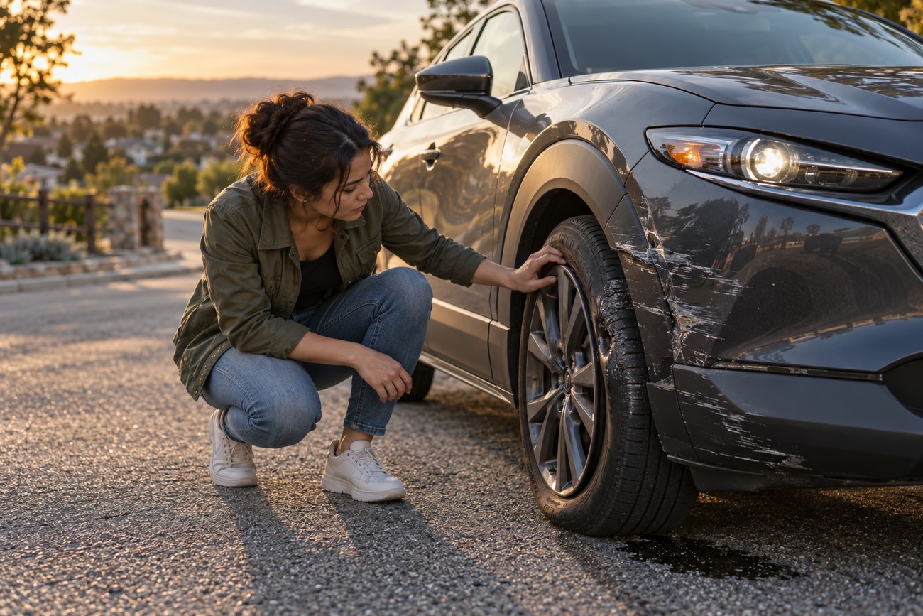 A woman crouching down to inspect visible wheel and bumper damage on her dark gray Mazda CX-30 parked on a street