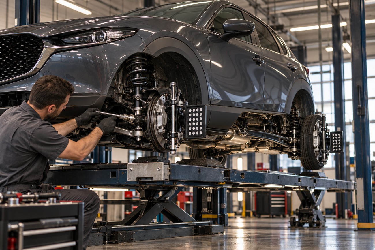 A mechanic in an auto repair shop adjusts the suspension and wheel alignment on a lifted gray Mazda CX-30