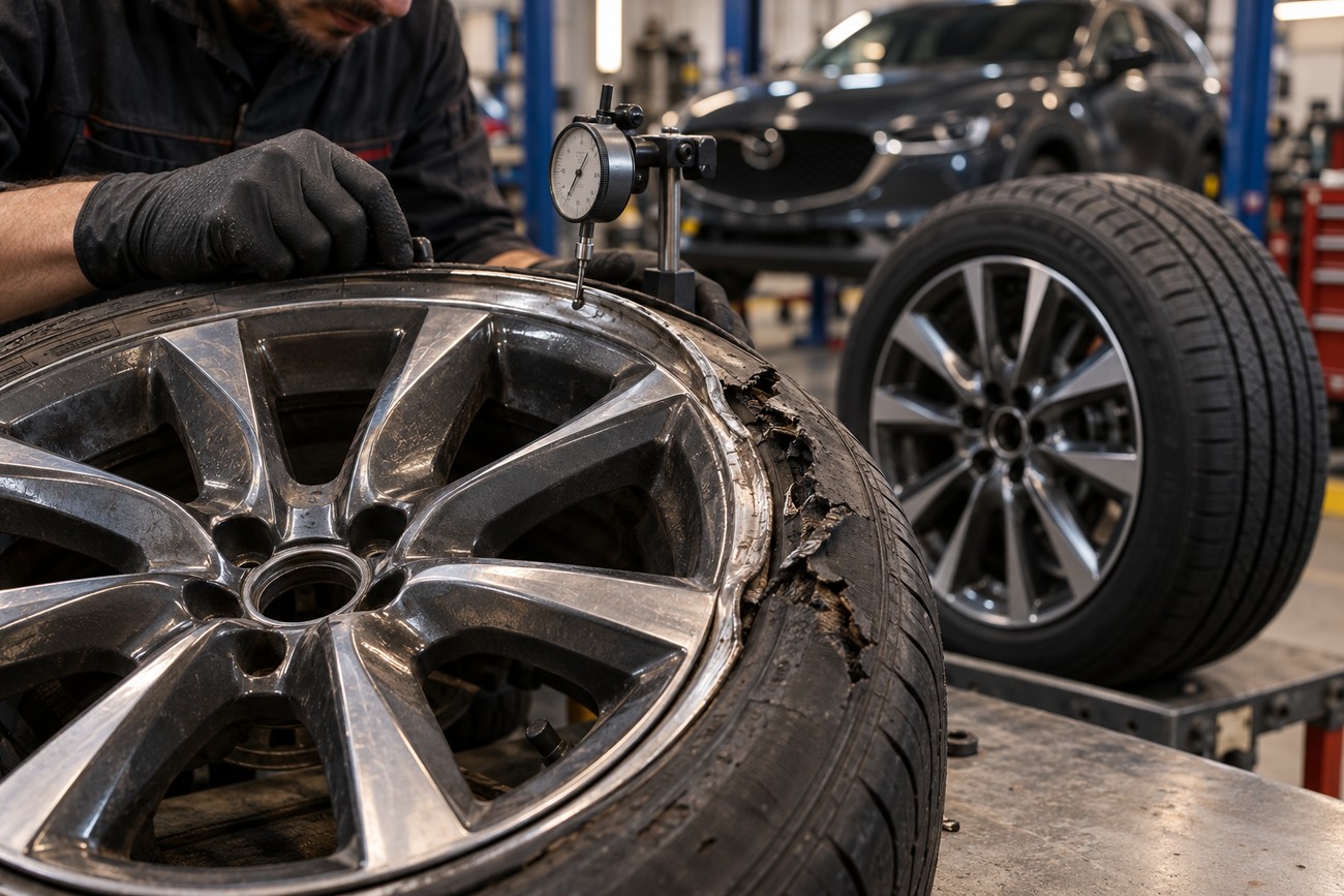 Mechanic checking a bent alloy wheel rim and torn tire with a dial gauge in a repair shop