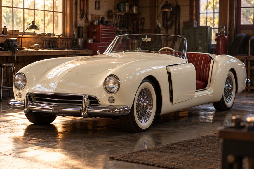 A vintage white 1954 Kaiser Darrin roadster with a red interior parked inside a sunlit rustic garage