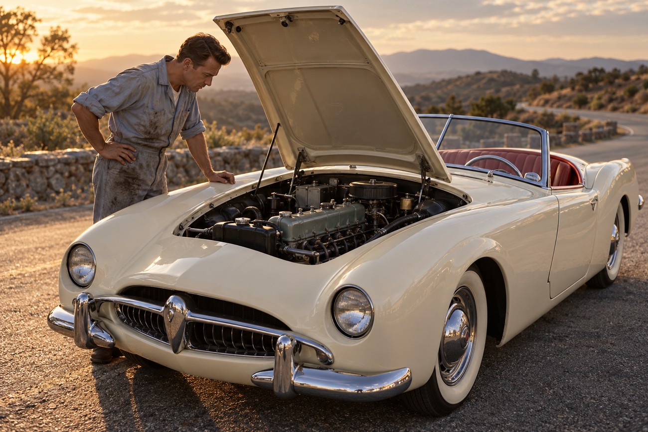 A mechanic in coveralls inspecting the open engine bay of a vintage white Kaiser Darrin roadster on a winding road at sunset