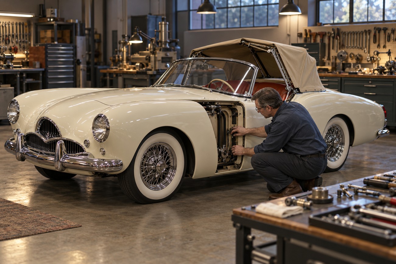 A mechanic inspecting the sliding door mechanism of a white vintage 1954 Kaiser Darrin roadster in a workshop