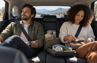 Man and woman sitting in the back seat of a car playing a travel board game