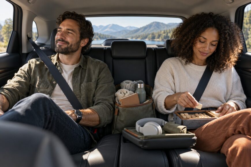 Man and woman sitting in the back seat of a car playing a travel board game