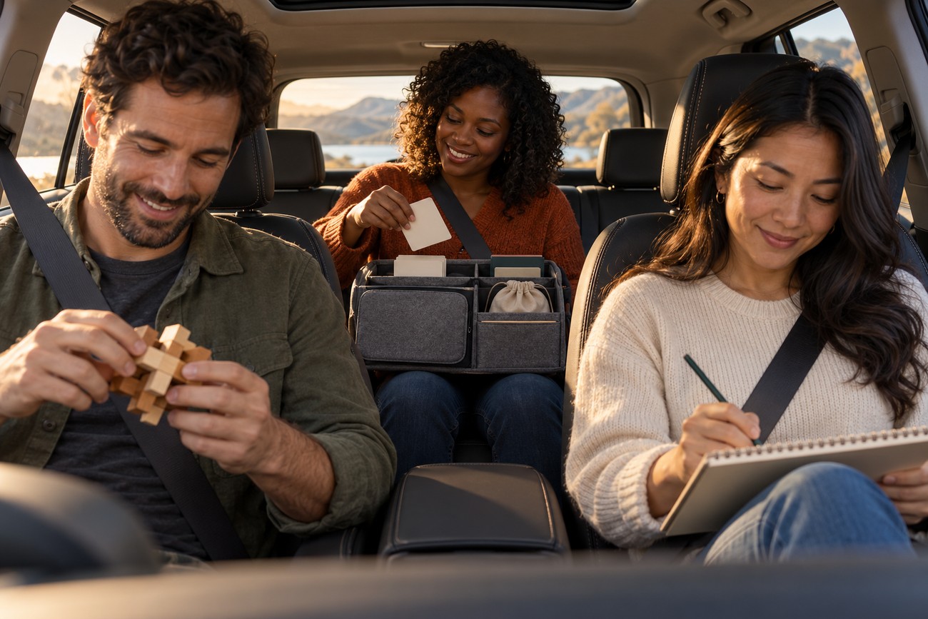 Smiling adults playing with travel games and drawing in a car during a road trip