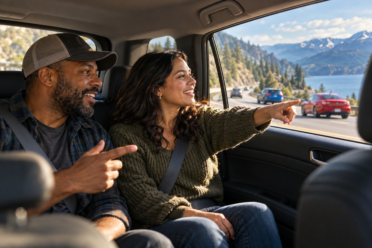 Smiling parents sitting in the back seat of a car and pointing out the window at a scenic mountain landscape during a road trip