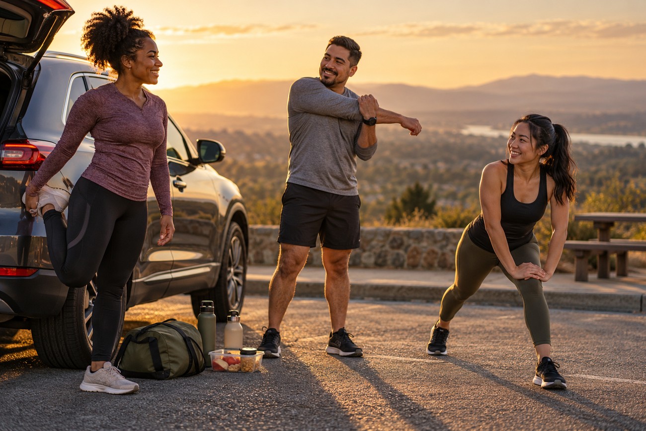 Family stretching and taking a break next to their car during a scenic road trip