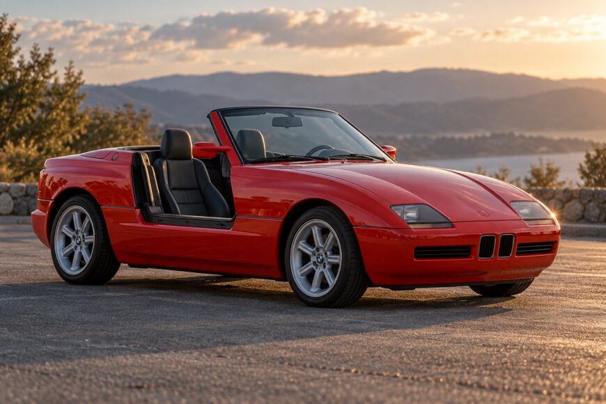 Red BMW Z1 roadster with its door dropped into the sill parked against a scenic sunset background