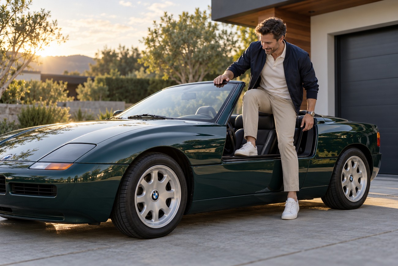 Man stepping out of a dark green BMW Z1 roadster with its door dropped down into the sill parked in a driveway