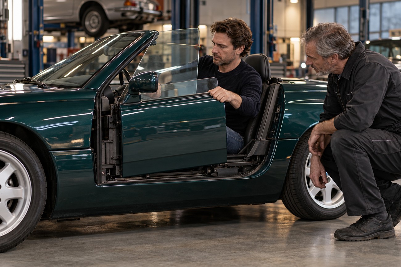 A man inside a green BMW Z1 roadster tests the vertical sliding door mechanism while a mechanic crouches nearby in a repair shop