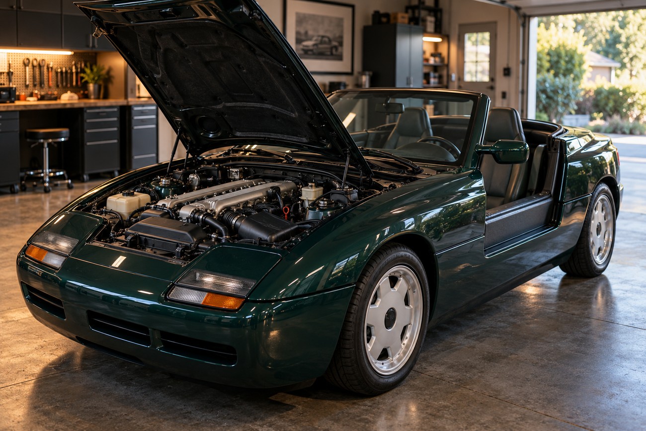 Dark green BMW Z1 roadster with open hood and doors dropped into the sills parked inside a bright garage