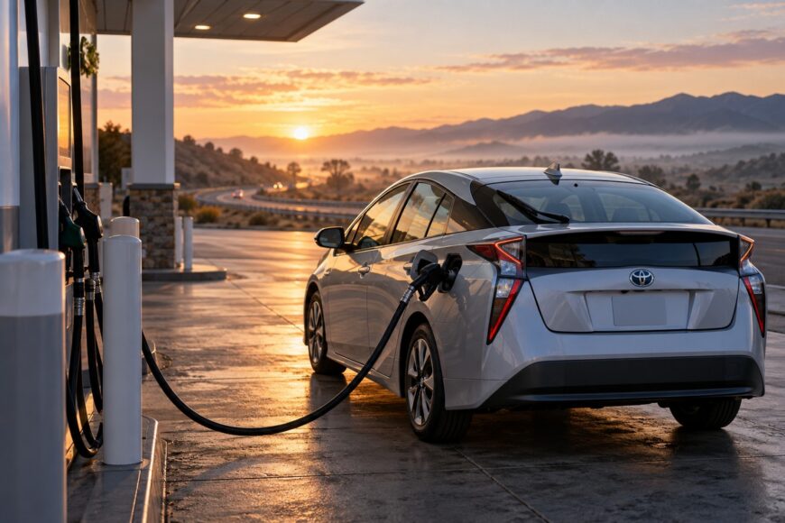 A silver Toyota Prius parked at a gas station pump during a scenic sunrise with distant mountains