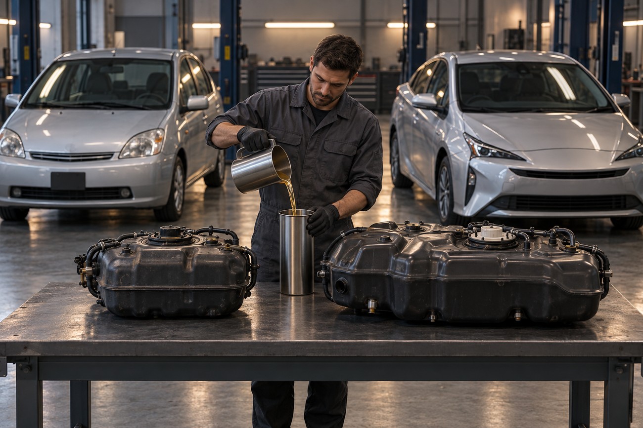 A mechanic in a garage pouring liquid into a cylinder with two Toyota Prius fuel tanks on a metal workbench and two silver cars in the background