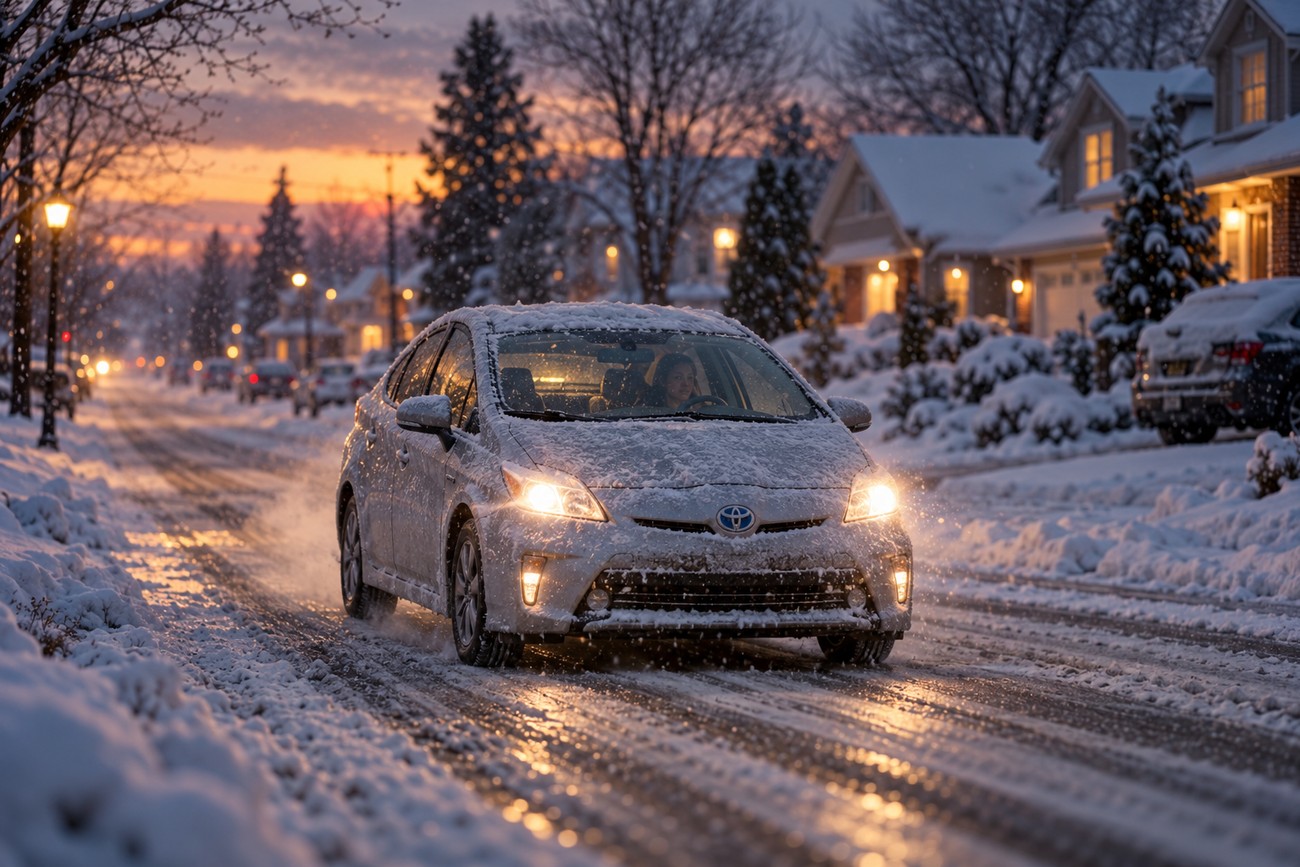 A silver Toyota Prius driving on a snowy suburban street with headlights on during twilight
