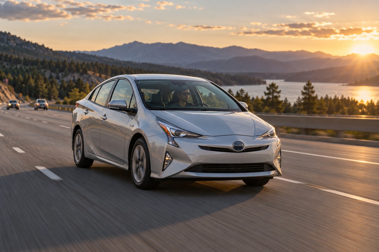 A silver Toyota Prius driving along a coastal highway during a scenic sunset with mountains in the background