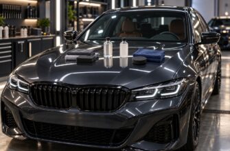 Two bottles of ceramic coating with microfiber towels and sponges displayed on the glossy hood of a dark grey car inside a detailing studio