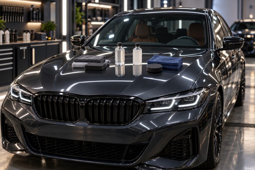 Two bottles of ceramic coating with microfiber towels and sponges displayed on the glossy hood of a dark grey car inside a detailing studio