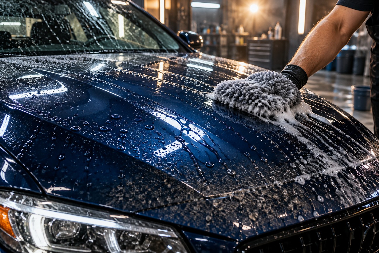 A professional detailer washing a glossy dark blue car hood covered in water droplets and soapy foam inside a workshop