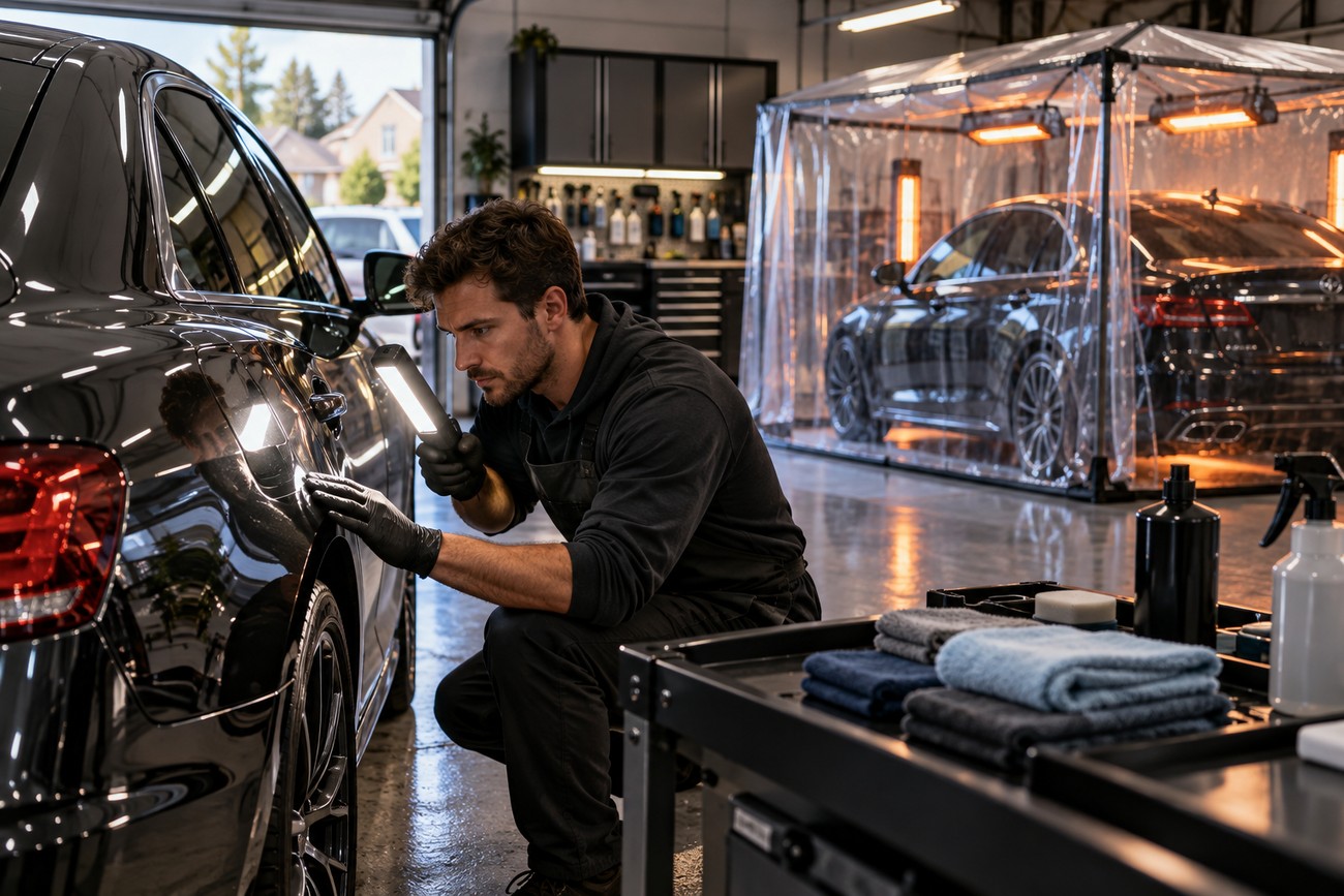 A professional detailer inspecting the ceramic coating on a black car with a specialized inspection light in a garage
