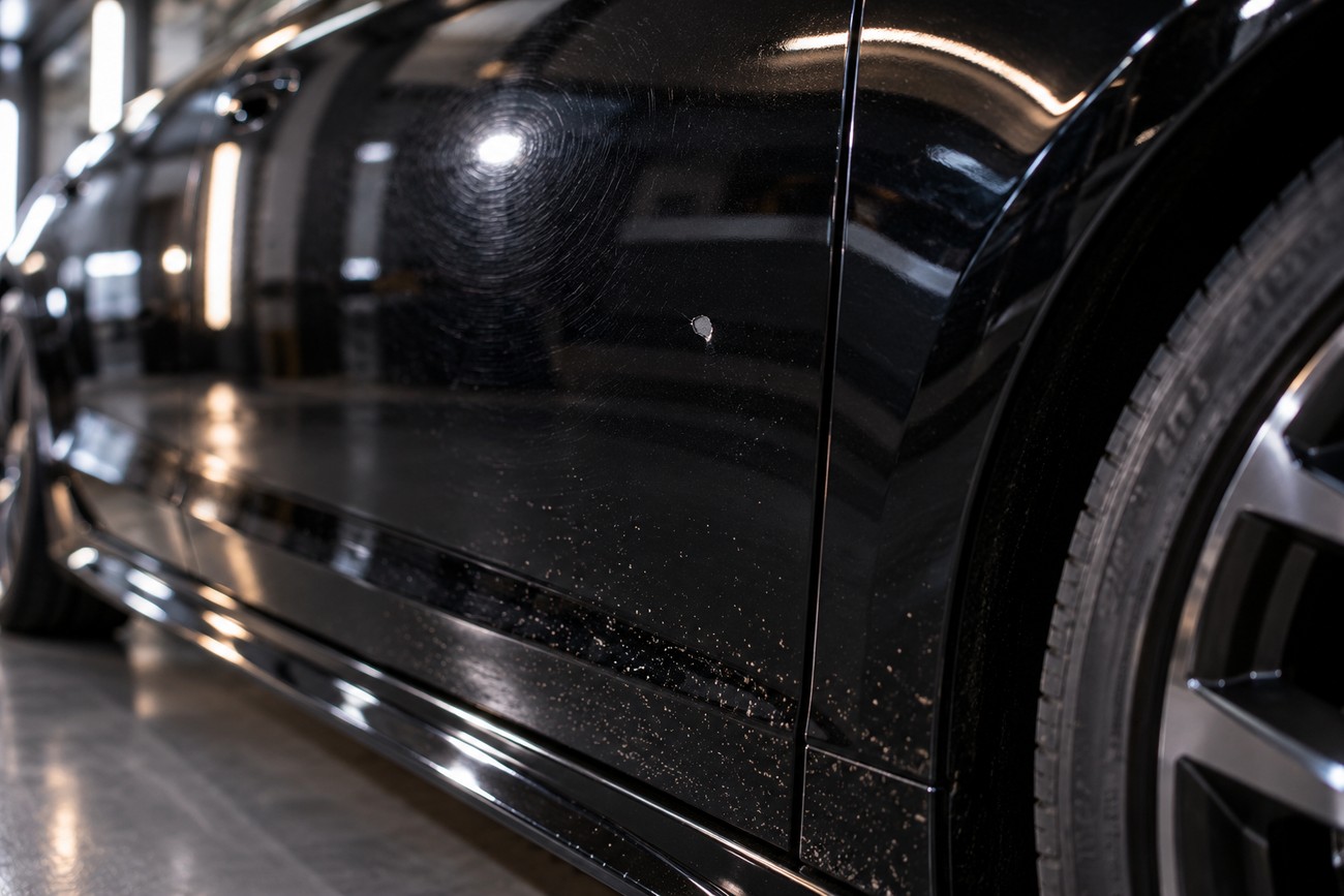 Close-up of a glossy black car door showing circular swirl marks and a paint chip before nano coating application