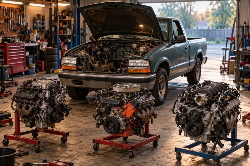 A green Chevrolet S-10 truck parked in a garage with three different engines on stands in the foreground
