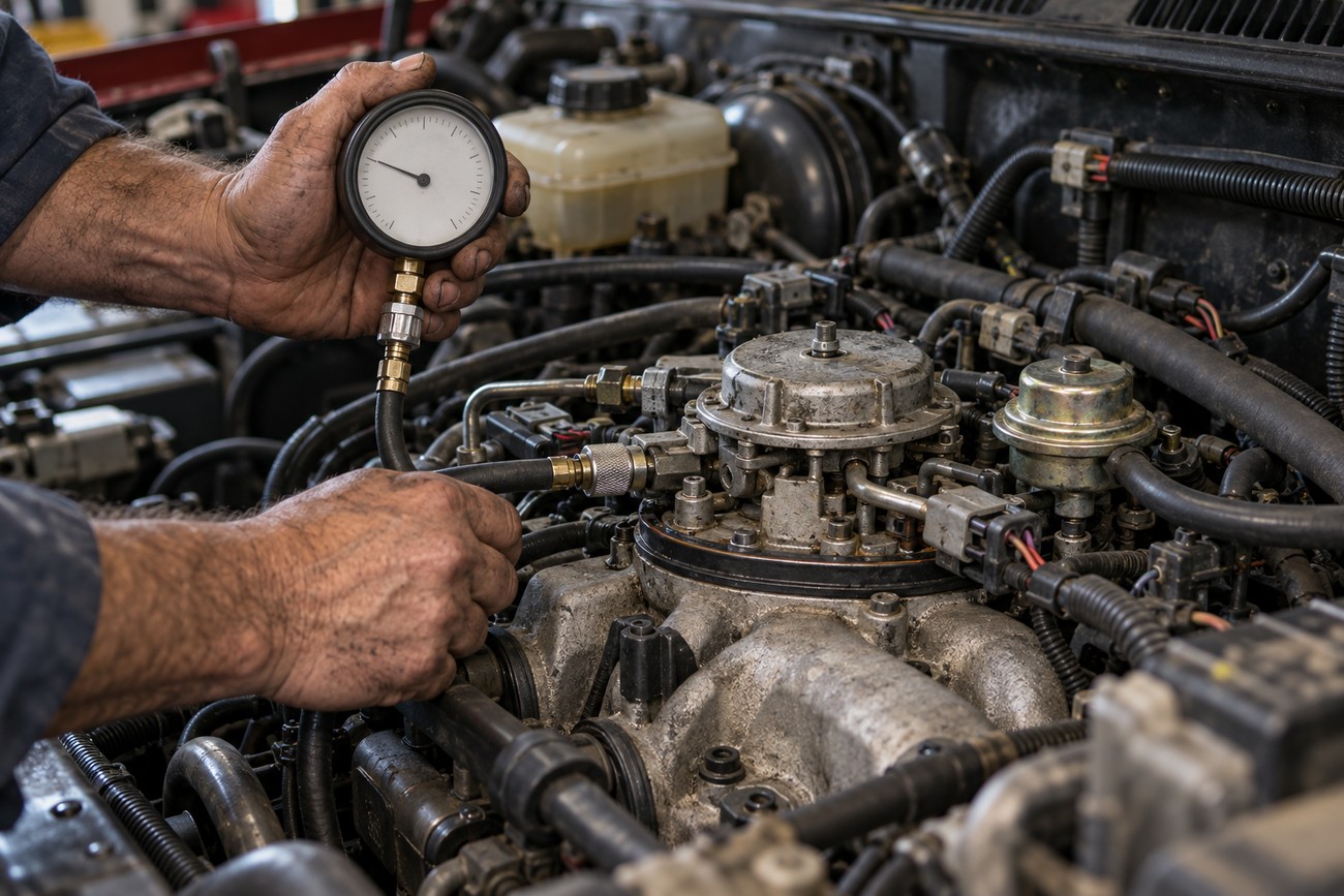 Mechanic holding a pressure gauge while testing the engine components inside a Chevrolet S-10 truck bay