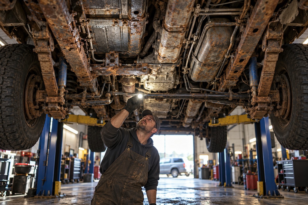 Mechanic in overalls using a flashlight to inspect the rusty undercarriage of a Chevrolet S-10 truck lifted in a garage
