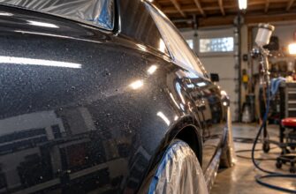 Close-up of freshly painted dark car body showing dust nibs and imperfections on the glossy surface inside a home garage