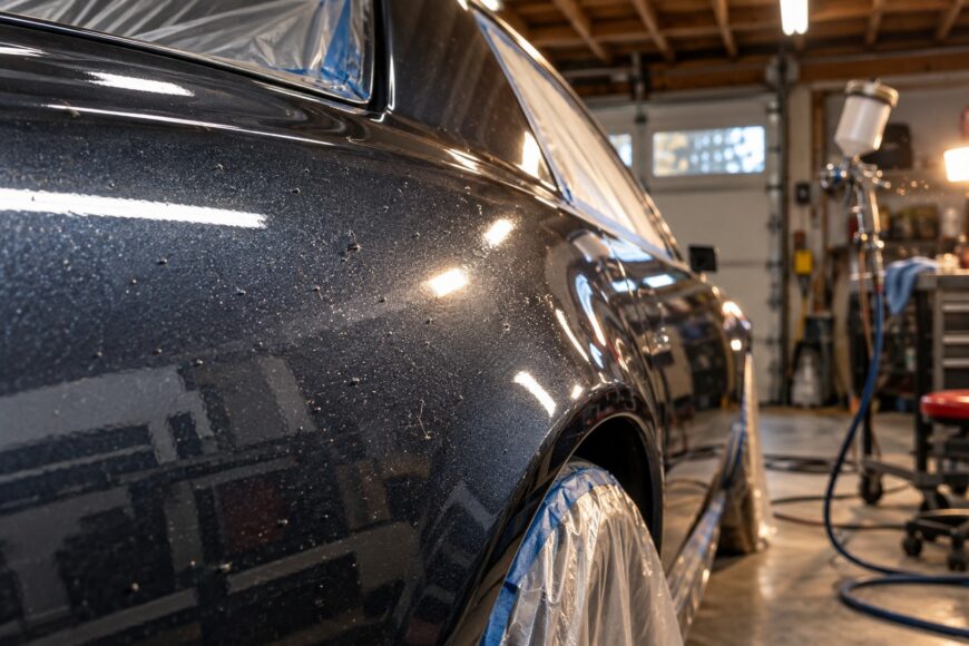 Close-up of freshly painted dark car body showing dust nibs and imperfections on the glossy surface inside a home garage
