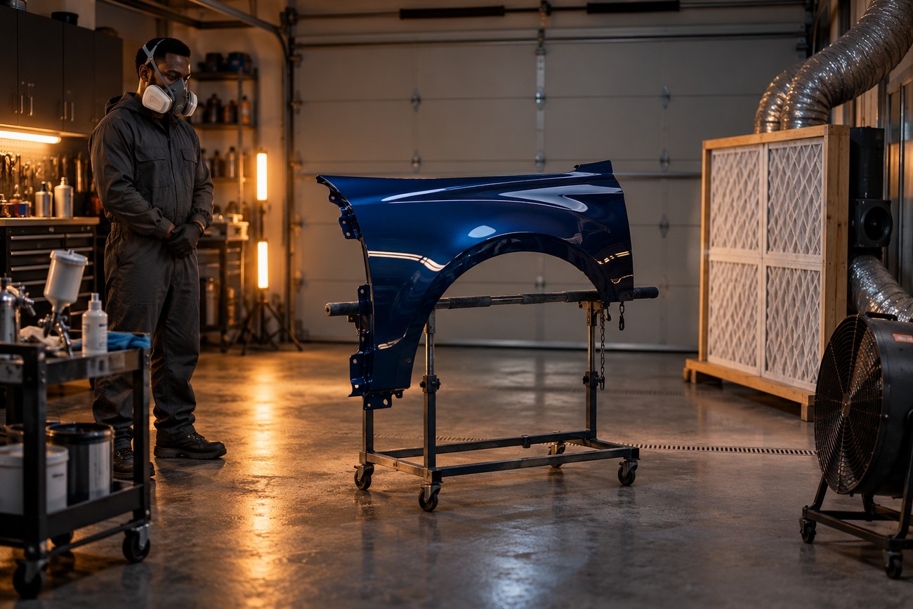 A mechanic in a respirator inspects a freshly painted blue car fender on a stand in a home garage with ventilation equipment