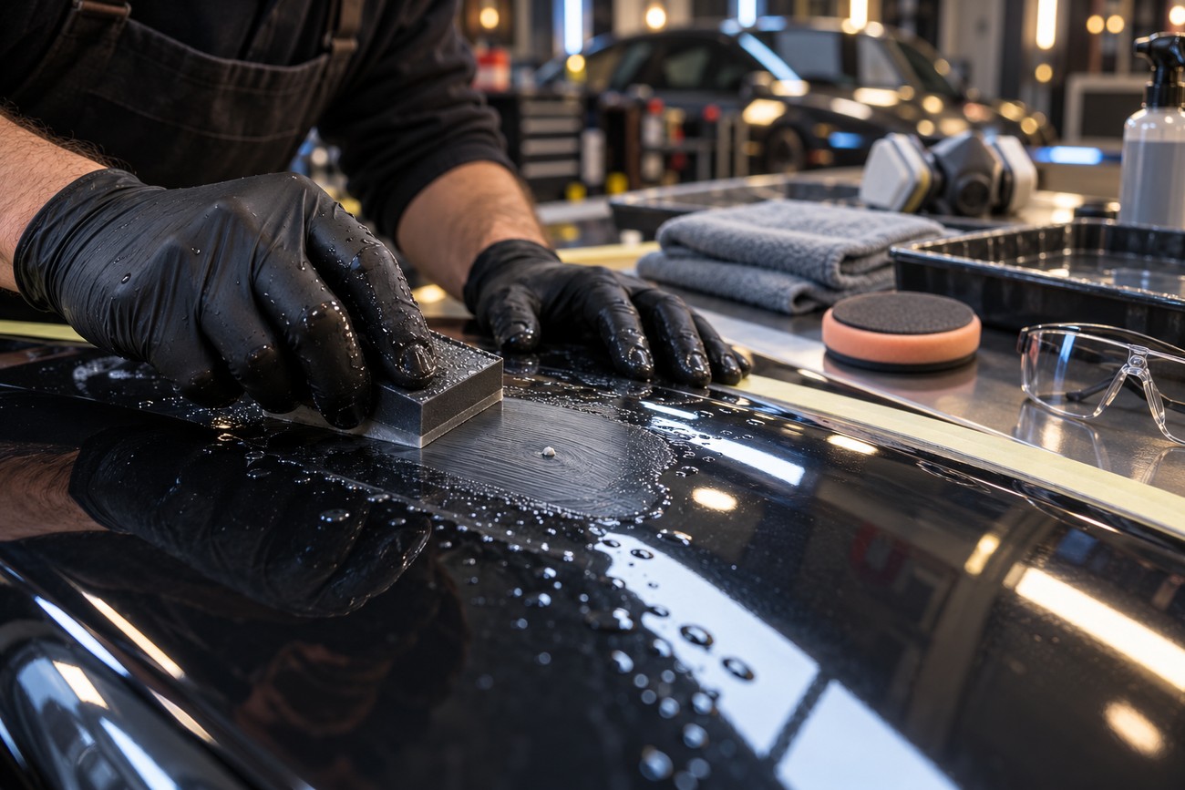 A person in black gloves wet sanding a dust nib on a shiny black car panel in a garage
