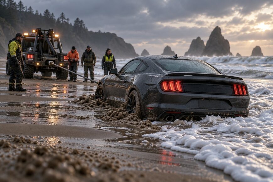 A dark Ford Mustang stuck in wet sand and ocean waves with a tow truck and rescue workers nearby
