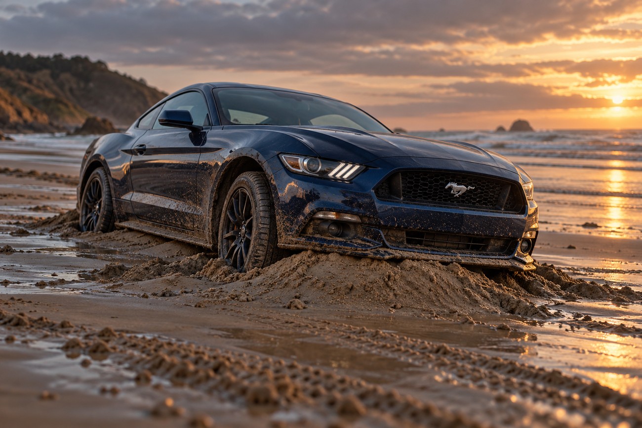 A dark blue Ford Mustang stuck in the wet sand of a coastal beach at sunset